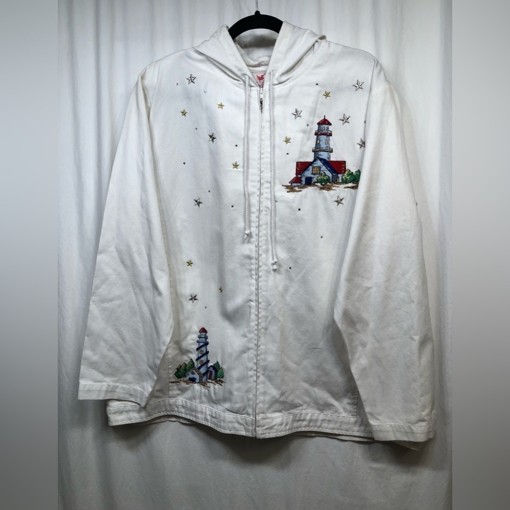 Quacker Factory White Cotton Hooded Lighthouse Nautical Zip Jean Jacket 1X